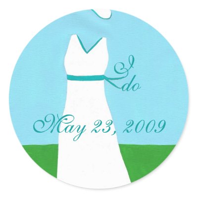Save the date stickers wedding dress aqua trim by Cherylsart