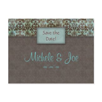 Save the Date Turquoise Brown Damask Postcard postcard