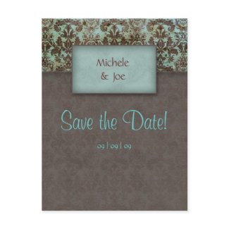 Save the Date Turquoise Brown Damask Postcard 2 postcard