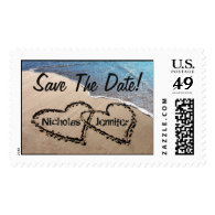 Save The Date Two Hearts Sand Beach Postage Stamps