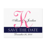 Save the Date Wedding Monogram Card Navy Hot Pink Post Card