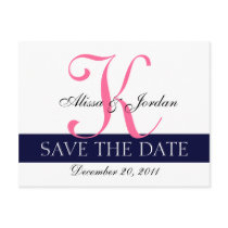 Save the Date Wedding Monogram Card Navy Hot Pink Post Card