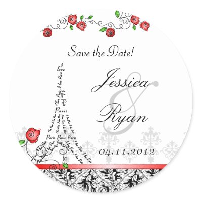 Save the Date Wedding Paris Black White Red Xmas Round Sticker by 