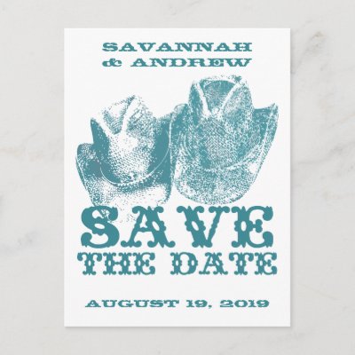 Save the Date Western Teal Cowboy Hat Weddings Post Card by samack