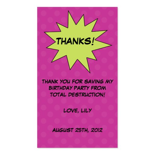 Save the Day Superhero Custom Birthday Favor Tags Business Cards (front side)