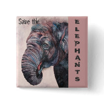 Save the Elephants Watercolor Animal Rights Button