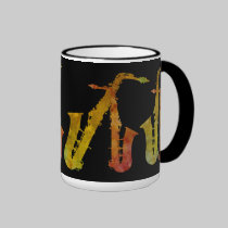 Sax Buddies Orange and Gold on Black mugs