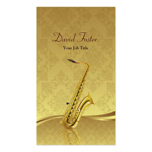 Saxophone Brass Instrument Elegant Gold Damask Business Card Template (front side)