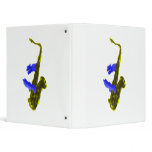 Saxophone played by two hands, blue and  yellow binder