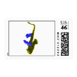 Saxophone played by two hands, blue and  yellow postage