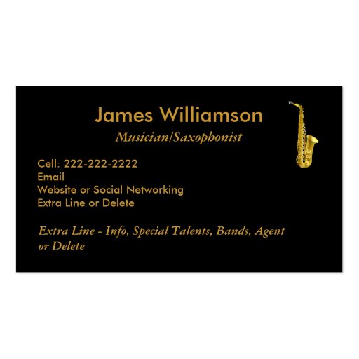 Saxophonist Music Instrument Black Gold Musician Business Card Templates (back side)