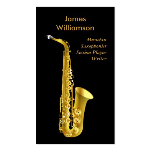 Saxophonist Music Instrument Black Gold Musician Business Card Templates (front side)