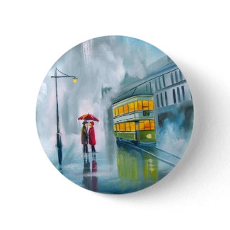 SAYING GOODBYE Tram oil painting rainy day button