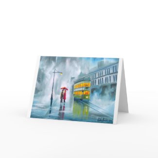 SAYING GOODBYE Tram oil painting rainy day card