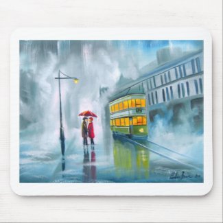 SAYING GOODBYE Tram oil painting rainy day mousepad