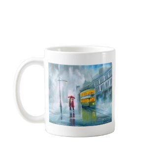 SAYING GOODBYE Tram oil painting rainy day mug