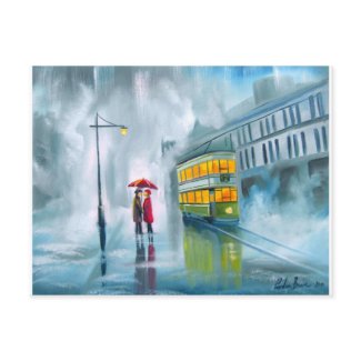 SAYING GOODBYE Tram oil painting rainy day postcard