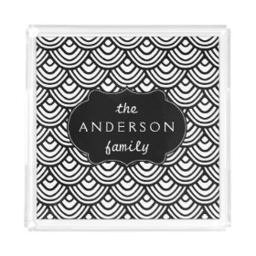 Scale Scallop Pattern Personalized Black and White Square Serving Trays