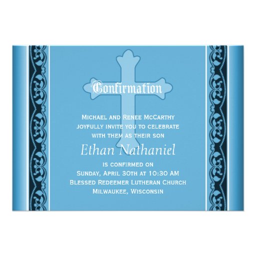 Scalloped Vines with Cross Blue Confirmation Personalized Invitations