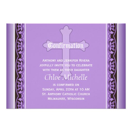 Scalloped Vines with Cross Purple Confirmation Invitations