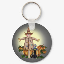 SCARECROW, PUMPKINS & CAT by SHARON SHARPE keychains