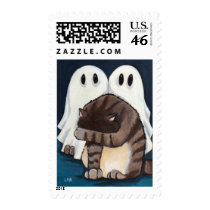 Scared Cat and Halloween Ghosts - Medium Postage postage by LisaMarieArt Scared Cat and Halloween Ghosts - Medium Postage postage