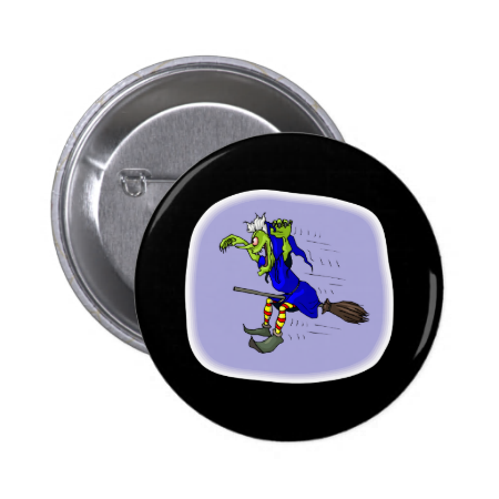 scarey witch on broom pinback button