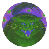 Scary Cat Green round sticker