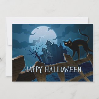 Scary House and Black Cat Halloween Invitation invitation