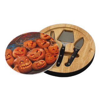 Scary Jack O Lantern Halloween Pumpkins 2 Round Cheese Board