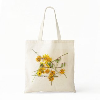 Scattered wildflowers in yellow and white canvas bags