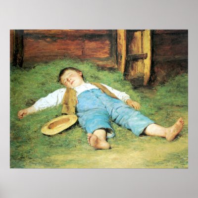 Schlafender Knabe im Heu Boy Sleeping in Hay Poster