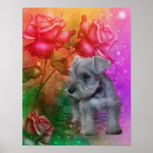 Schnauzer Puppy Fantasy Roses Dog Poster zazzle_print