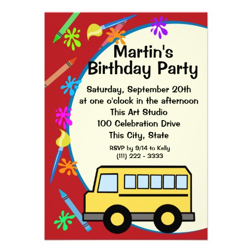 School Bus Art Birthday Invites