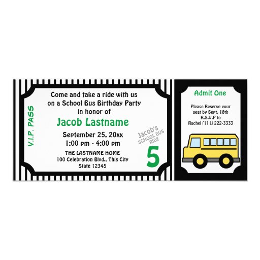 School Bus Ride Birthday Bus Ticket Card | Zazzle