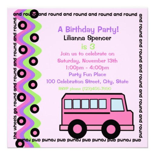 School Bus Wheels/ Pink Personalized Invite