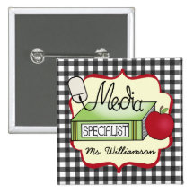 School Media Specialist - Gray Gingham Pinback Buttons