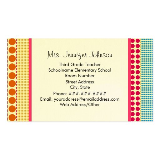 Schoolhouse Multicolor Polka Dots Teacher Business Card (back side)
