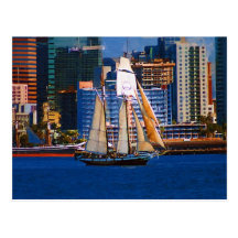 Schooner, San Diego Harbor, CA Post Card