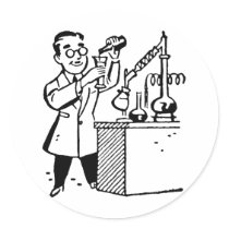 Scientist in Lab Coat Mixing Chemicals Round Stickers