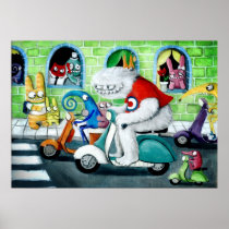 artsprojekt, cartoon scooter rally, cartoon scooter, cartoon, scooters, yeti, cute, monsters, lambretta, mod, mods, scooter, abominable snowman, snowman, himalayas, Poster with custom graphic design