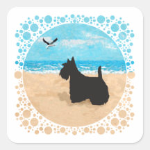 Scottie at the Beach with Seagull Square Stickers