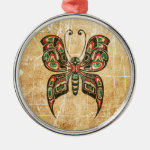 Scratched Red and Green Haida Spirit Butterfly Christmas Tree Ornaments Scratched Red and Green Haida Spirit Butterfly Christmas Tree Ornaments
