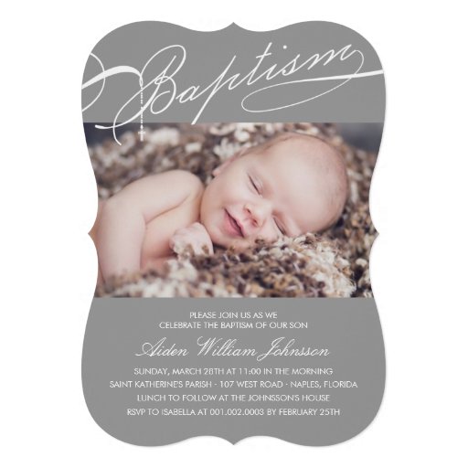 Scripted Baptism Rosary Cross Boy Silver Photo Personalized Announcement