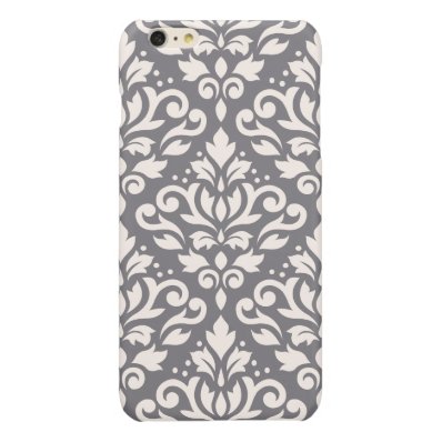 Scroll Damask Large Pattern Cream on Grey Glossy iPhone 6 Plus Case