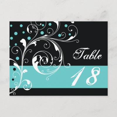 Scroll leaf black, aqua wedding Table number Post Card