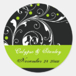 Scroll leaf black, green wedding Save the Date Stickers
