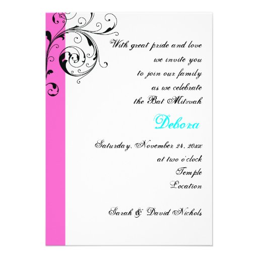 Scroll leaf black, white, hot pink & Star of David Personalized Invitation