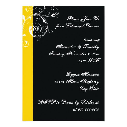 Scroll leaf black, yellow wedding rehearsal dinner announcement