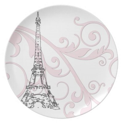 Scrolls and Eiffel Tower - Pink Dinner Plates